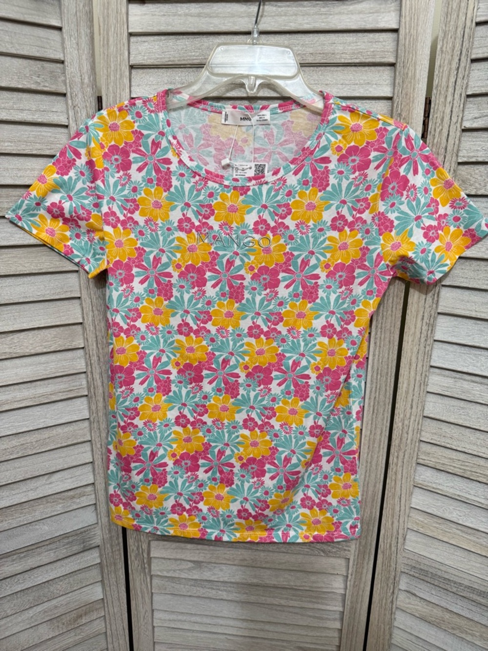 Mango Floral Short Sleeve Tee in Pink, Yellow & Aqua
